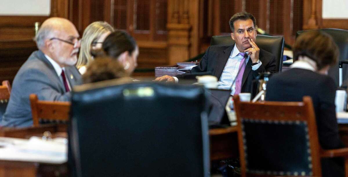 State Sen. Roland Gutierrez listens June 21 in Austin during a meeting of the Senate Special Committee to Protect All Texans, convened in the wake of the Robb Elementary School shooting in Uvalde.