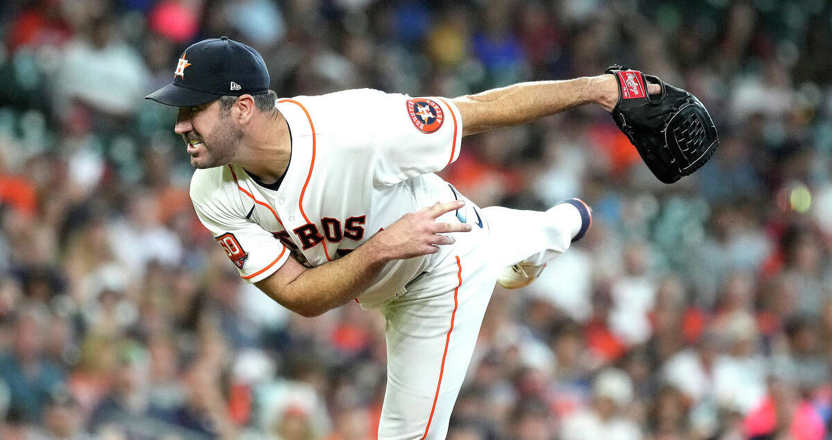 Houston Astros starting pitcher Justin Verlander (35) pitches to Kansas City Royals Nicky Lopez during the sixth inning of a MLB game at Minute Maid Park on Thursday, July 7, 2022 in Houston.