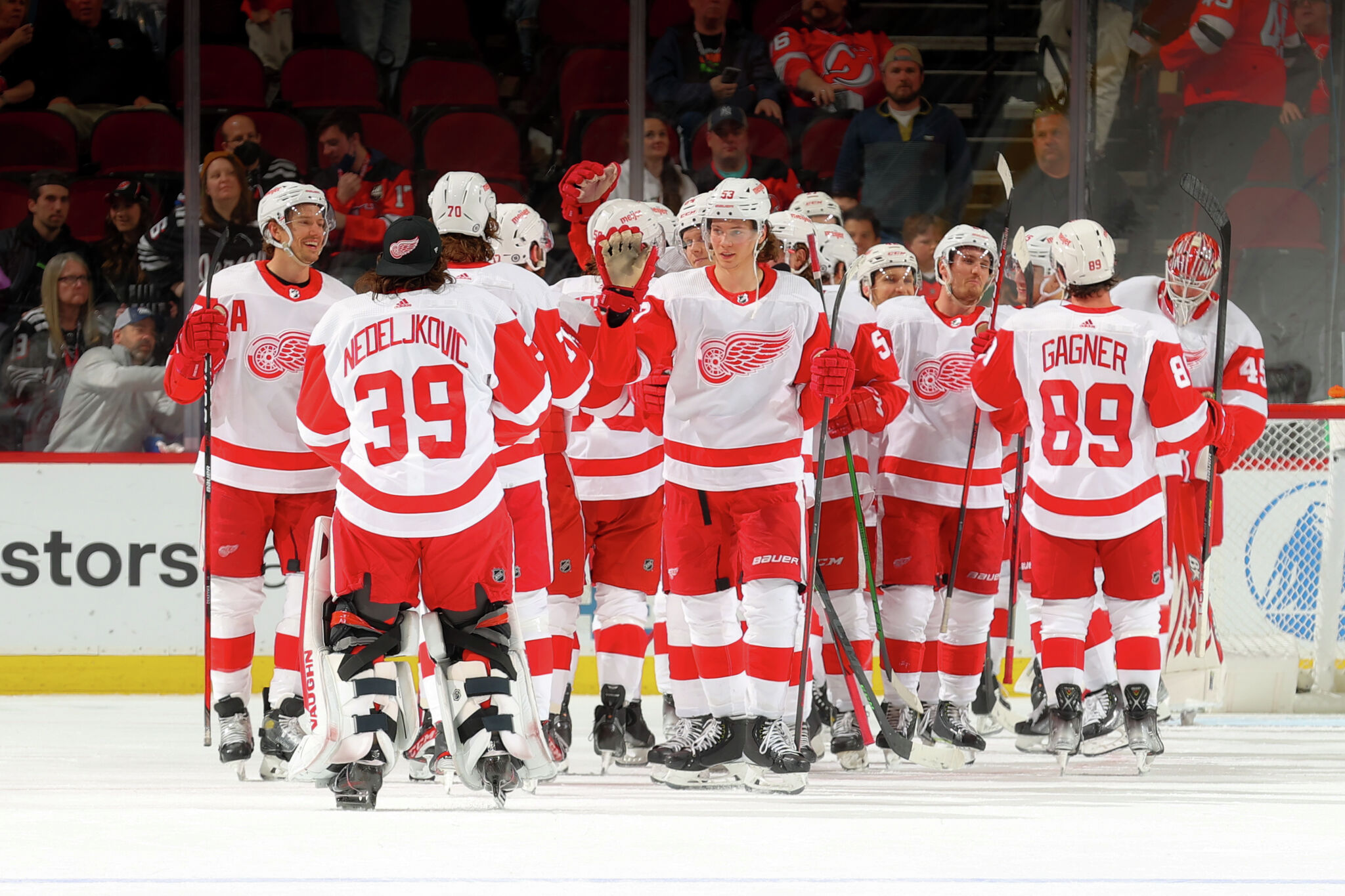 Dylan Larkin of the Detroit Red Wings celebrates with Lucas Raymond News  Photo - Getty Images