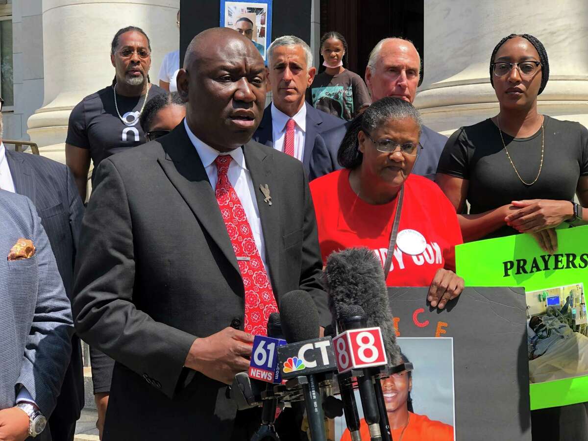 Attorney Benjamin Crump, part of the legal team representing the family of Richard “Randy” Cox, speaks at a press conference Friday outside the Elm Street courthouse in New Haven. Cox was severely injured while in New Haven police custody following an arrest.