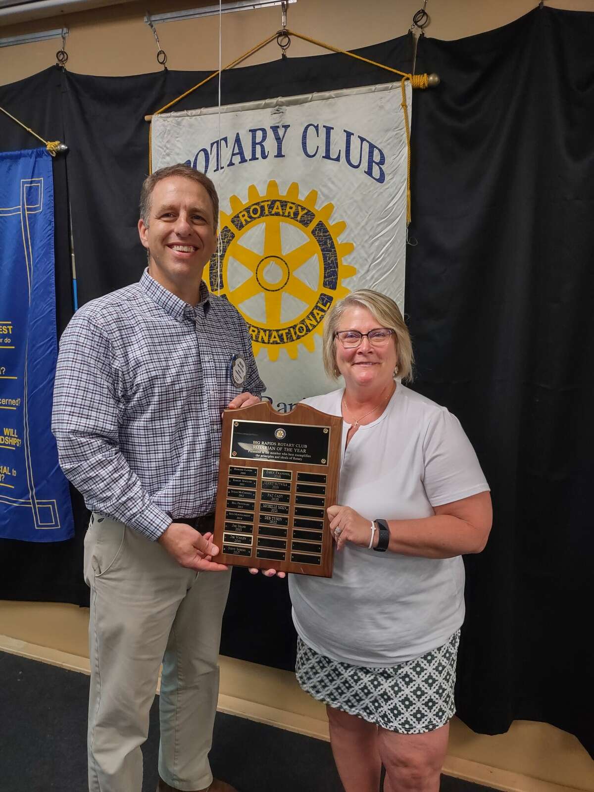 Long time Rotarian, and model club member Deb Tyson (pictured right) poses for a photo with club President Mark Gifford after she was voted by the club membership as Rotarian of the Year. Tyson’s tireless efforts in the service of her club made her an almost unanimous choice for this annual honor.  