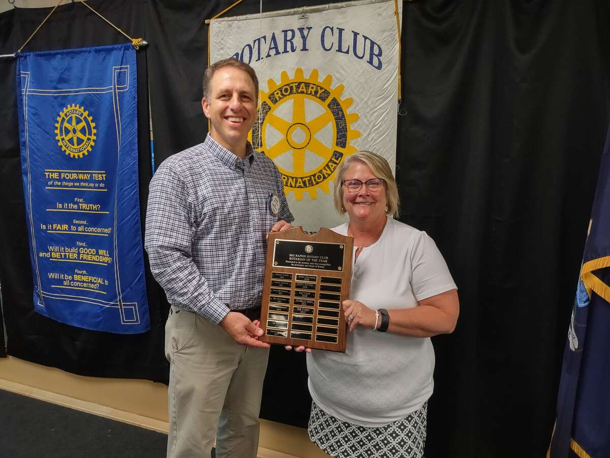 Long time Rotarian, and model club member Deb Tyson (pictured right) poses for a photo with club President Mark Gifford after she was voted by the club membership as Rotarian of the Year. Tyson’s tireless efforts in the service of her club made her an almost unanimous choice for this annual honor.  