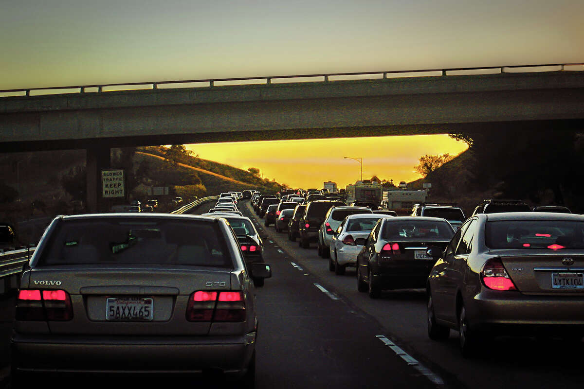 Traffic jam on U.S. interstate 80 heading west between Vacaville and Fairfield, Calif.