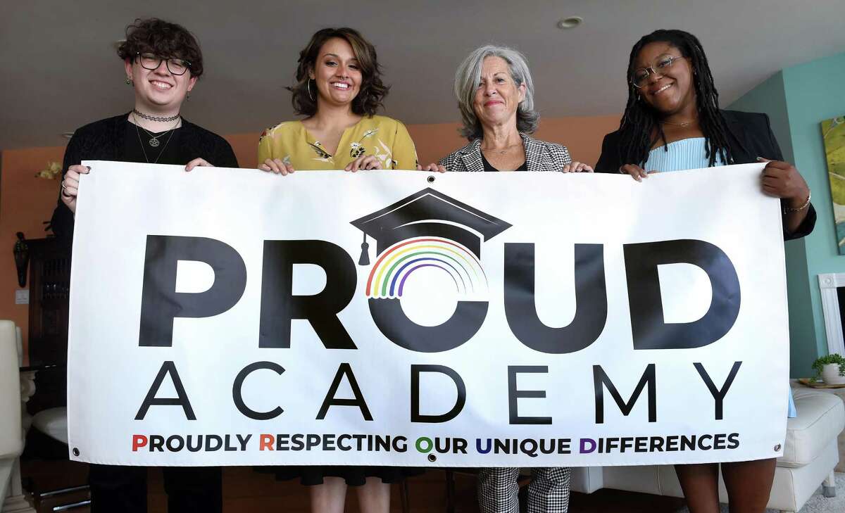 From left, Brandon Iovene, board member of Proud Academy Inc., Kassandra Hernandez, president/chair, Patty Nicolari, executive director, and Chelsea Reid, vice president, are photographed in New Haven on July 7, 2022.