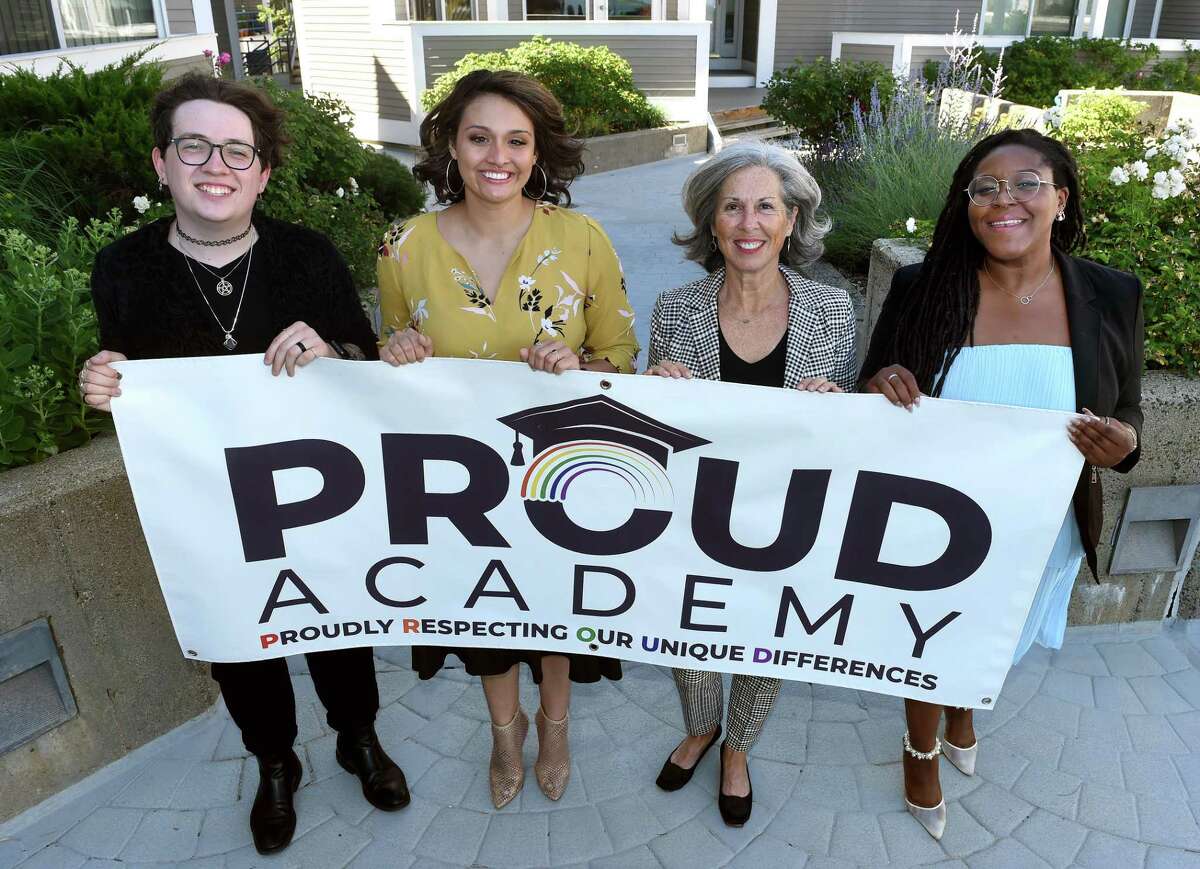 From left, Brandon Iovene, board member of Proud Academy Inc., Kassandra Hernandez, president/chair, Patty Nicolari, executive director, and Chelsea Reid, vice president, are photographed in New Haven on July 7, 2022.