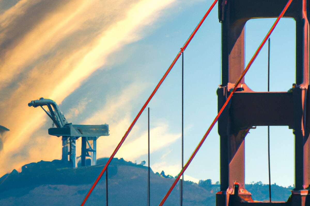 AI imaging software DALL-E-2 created this visual rendition of Sutro Tower attacking the Golden Gate Bridge, in the style of a Godzilla movie poster.