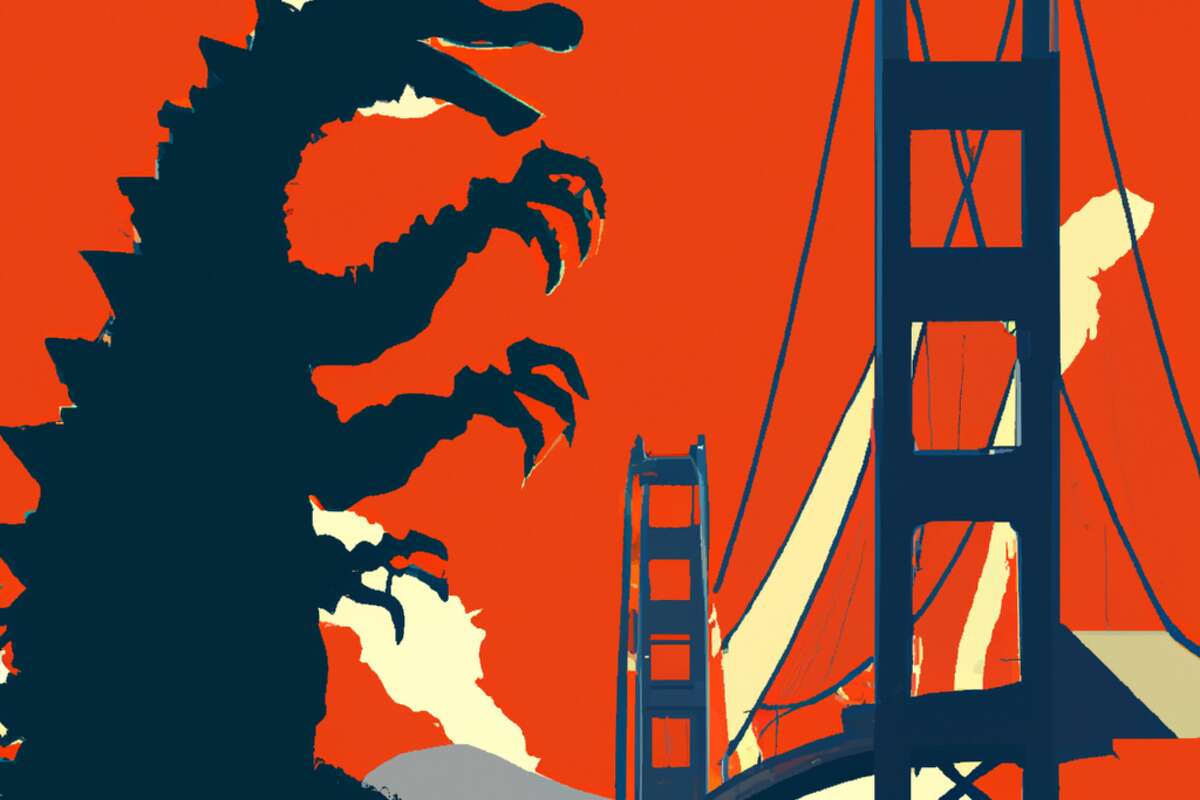 AI imaging software DALL-E-2 created this visual rendition of Sutro Tower attacking the Golden Gate Bridge, in the style of a Godzilla movie poster.