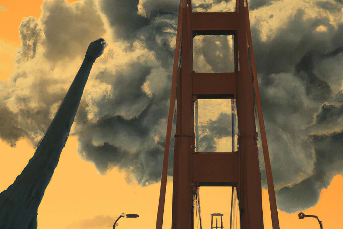 AI imaging software DALL-E-2 created this visual rendition of Sutro Tower attacking the Golden Gate Bridge, in the style of a Godzilla movie poster.