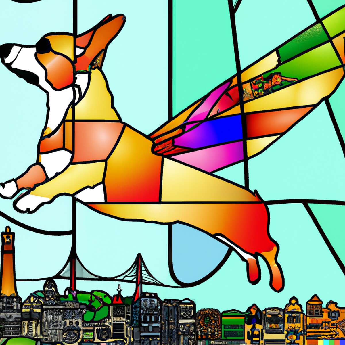 AI imaging software DALL-E-2 created this visual rendition of a corgi flying over the Golden Gate Bridge, like a stained glass window.