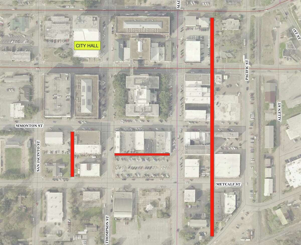 Soon the utilities will be buried and pavers will be laid in three of downtown Conroe’s alleys. The areas marked in red show the three alleys where the work will be done.
