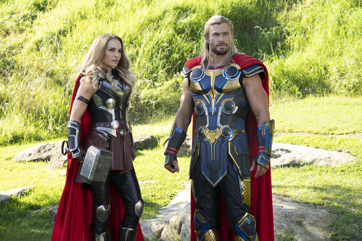 Chris Hemsworth as Thor and Natalie Portman as Jane Foster in Marvel Studios' "Thor: Love and Thunder." Photo courtesy of Marvel Studios.©Marvel Studios 2022. All Rights Reserved.
