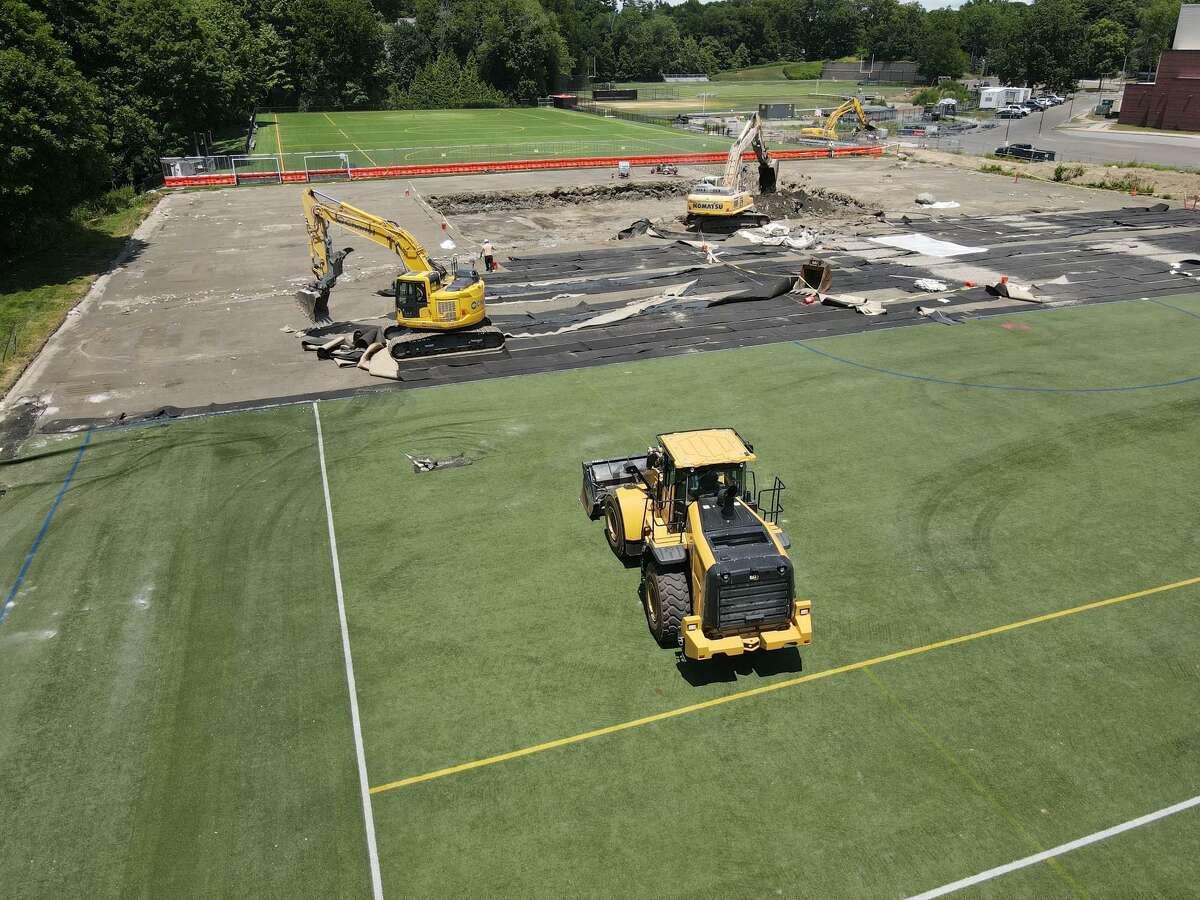A drone photo shows the remediation work that is taking place this summer on a field at Greenwich High School. The work will be paused when school goes back into session, and it will resume next summer.