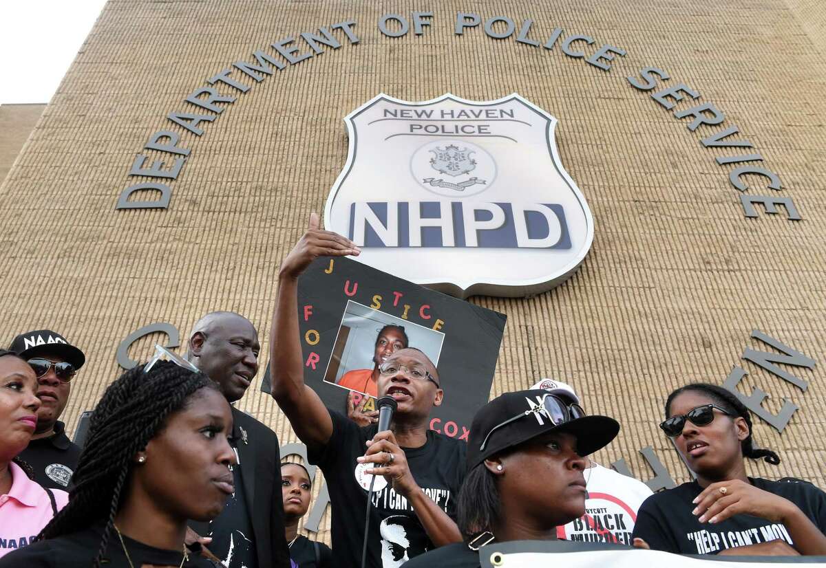 FILE PHOTO: Jerry Brown, center, brother of Richard 'Randy' Cox Jr., speaks during a rally for Justice for Randy Cox in front of the New Haven Police Department.