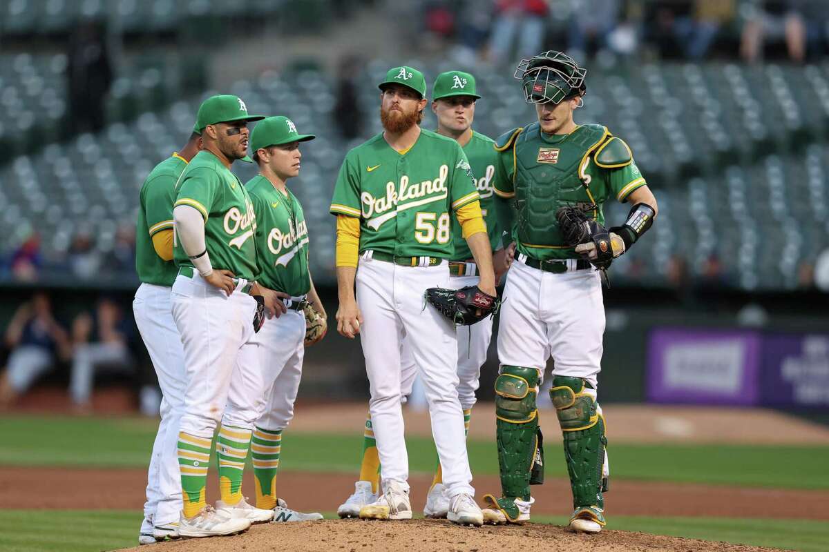 OAKLAND, CALIFORNIA - JULY 08: Paul Blackburn #58 of the Oakland Athletics waits to be taken out of the game against the Houston Astros in the fifth inning at RingCentral Coliseum on July 08, 2022 in Oakland, California. (Photo by Ezra Shaw/Getty Images)