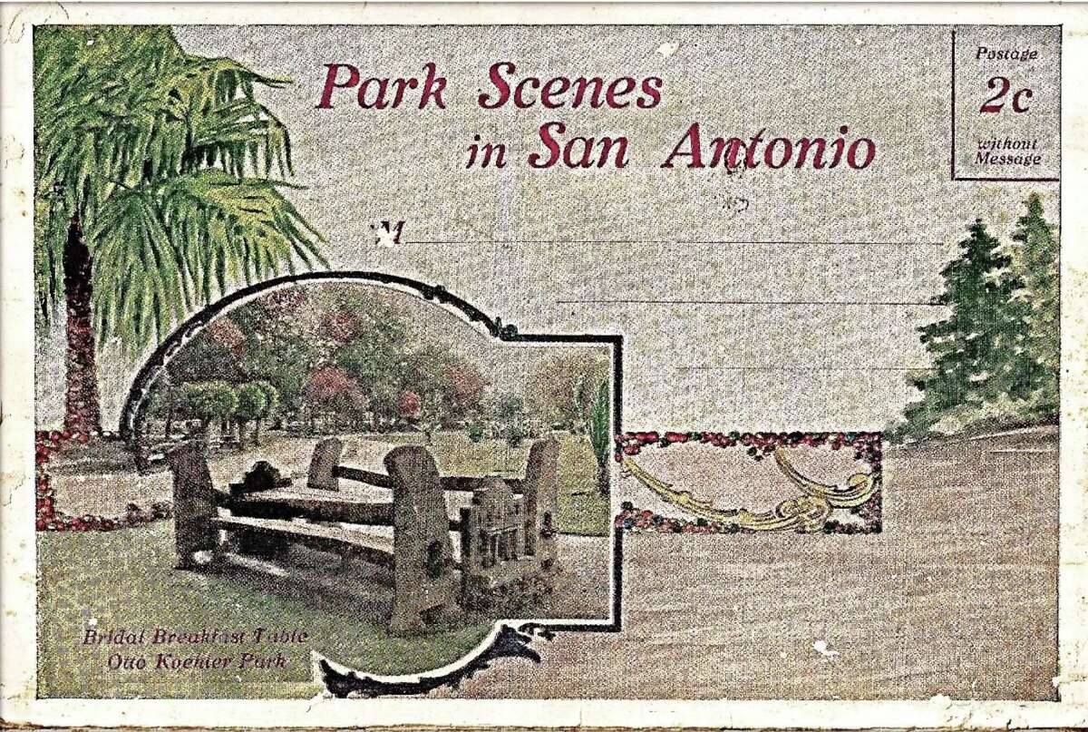 The cover picture on “Park Scenes of San Antonio,” a postcard booklet, shows an artisan-made picnic table in Koehler Park with the Alamo façade sculpted in concrete at both ends. Parks Commissioner Ray Lambert ordered the table in an effort to promote San Antonio’s Spanish colonial missions to tourists.