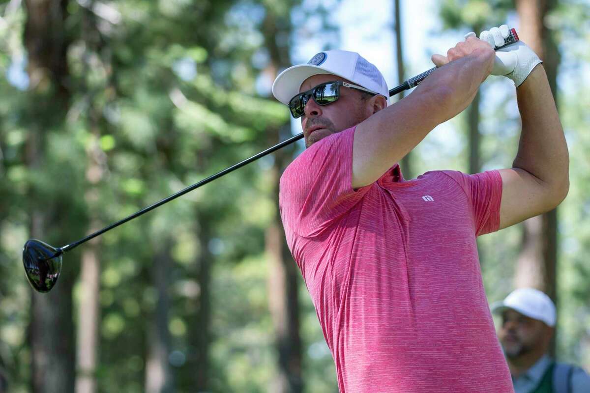 Mark Mulder watches his tee shot on the second hole during the first round of the American Century Celebrity Championship golf tournament at Edgewood Tahoe Golf Course in Stateline, Nev., Friday, July 8, 2022. (AP Photo/Tom R. Smedes)