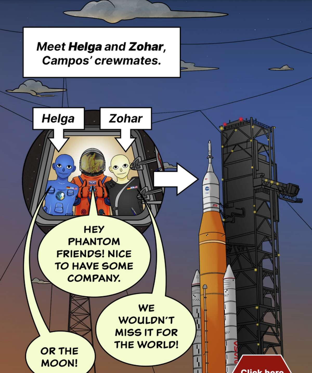 Several strips from the NASA comic book "The Adventures of Commander Moonikin Campos and Friends". The current issue released by NASA is barely part 1 which is titled "Introducing Commander Moonikin Campos".
