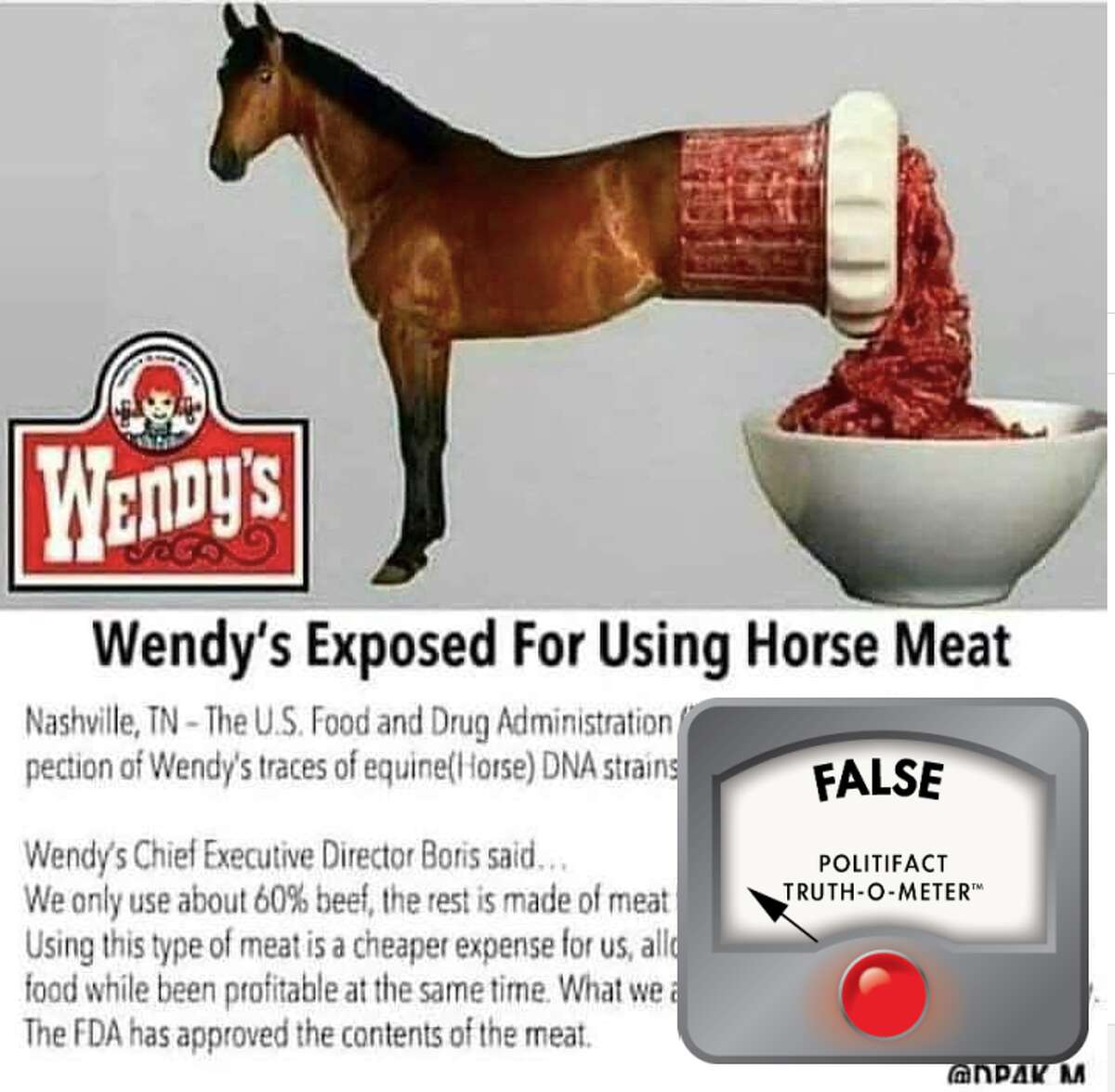 This false image about horsemeat at Wendy's has been debunked in years prior.