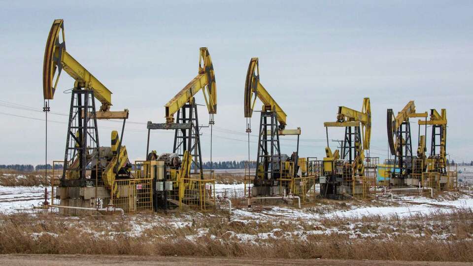 Oil pump jacks in a Rosneft oil field in Russia. Replacing Russian oil kept from the market by sanctions and other measures remains a major challenge to lowering energy prices.