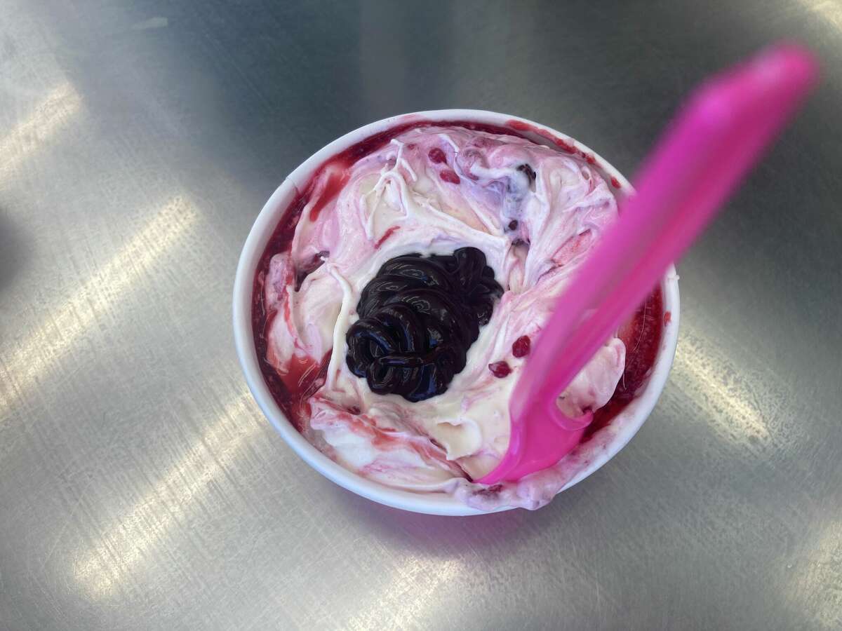 Bobby's Frozen Custard's Razzmatazz Volcano, made with frozen vanilla custard, fresh raspberries, pecans and fudge.