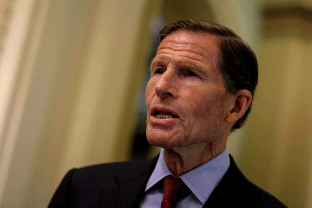 WASHINGTON, DC - JUNE 14: Sen. Richard Blumenthal (D-CT) speaks with a reporter before going to a luncheon with Senate Democrats on June 14, 2022 in Washington, DC. Senate negotiators are trying to finalist legislative text for a gun safety bill, with hopes of holding a vote on the final version before Congress leaves for a recess in less than two weeks. (Photo by Anna Moneymaker/Getty Images)