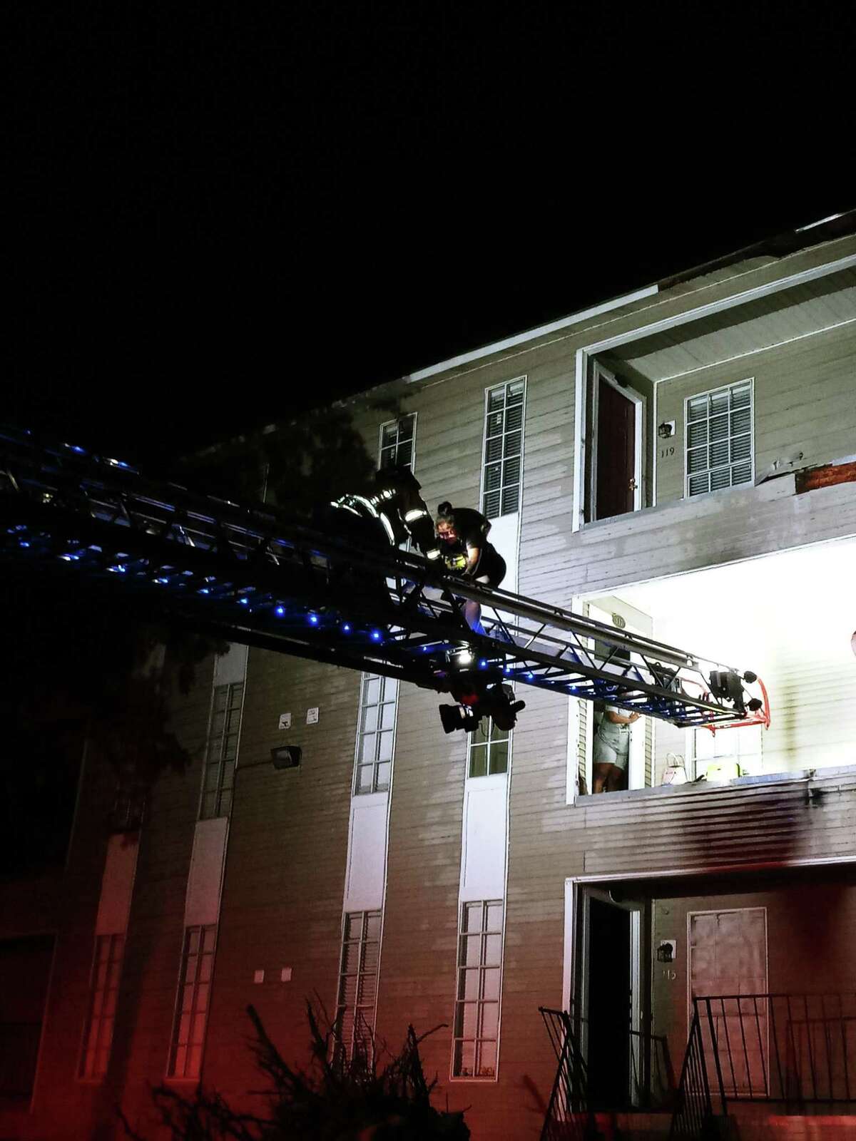 Spring Fire Department Ladder 74 C-Shift evacuated the 12 Serena Woods Apartments residents from their balconies after a falling tree crushed their outside stairwell on Sunday, July 10, 2022.