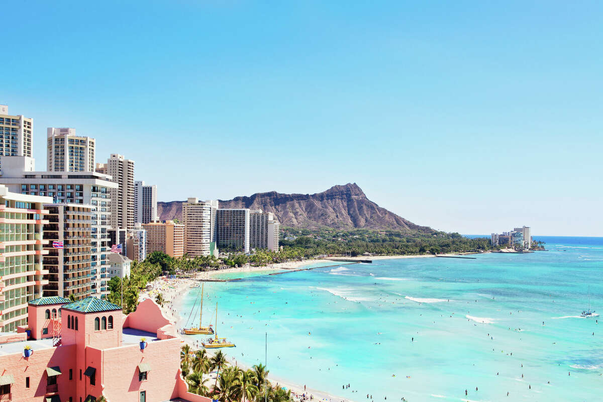 The Waikiki coastline, from the "Pink Palace" to Diamond Head.