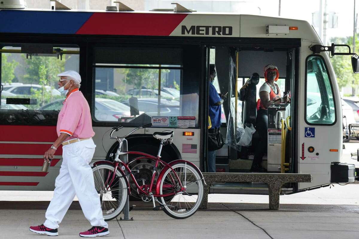 A Metro bus stops at the Eastwood Transit Center Friday, July 8, 2022, in Houston. Transit officials expect to spend $6.3 million adding rugged dividers between bus operators and passengers, citing safety concerns listed by drivers. 