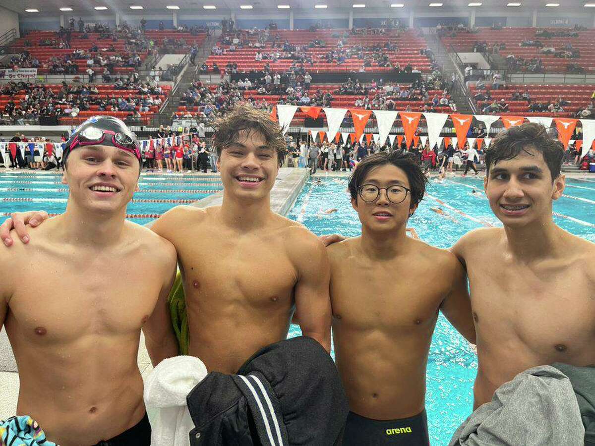 The Taylor boys relay team of (from left) Logan Pack, Nick Schmid, Andrew Lee and Reinaldo Obando Machado recorded three NISCA All-American times during the 2021-22 season.