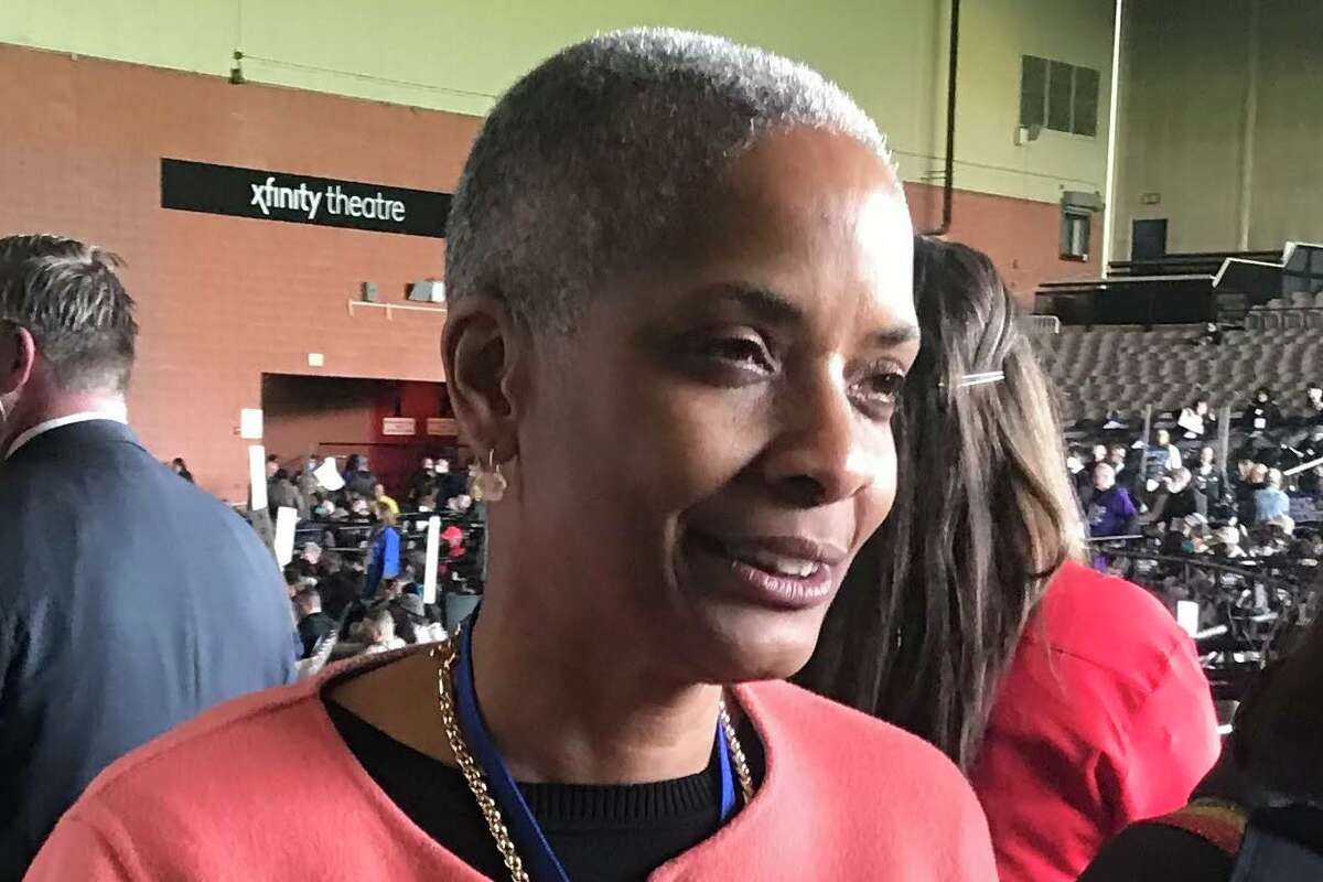 State Rep. Stephanie Thomas of Norwalk won the endorsement for secretary of the state at the Democratic state nominating convention in Hartford on Saturday, May 8, 2022.  The result was unexpected, prodded by vociferous supporters marching in the Xfinity Theatre.