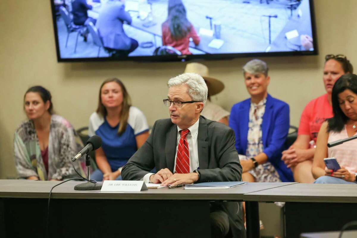 Clear Creek Independent School District Superintendent Eric Williams speaks after learning his retirement terms during a special school board meeting in League City, Texas, on July 11, 2022.