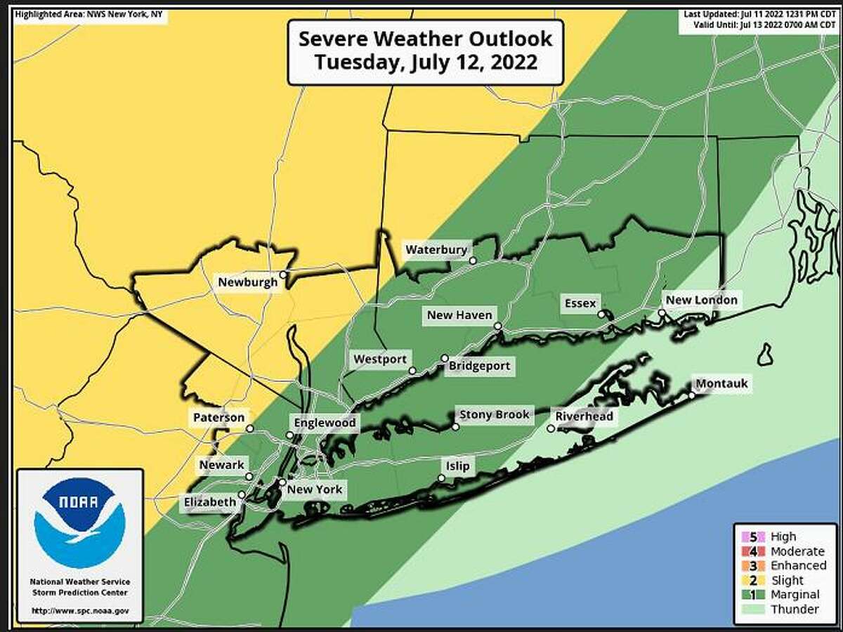 The upper northwest corner of Connecticut is at slightly higher risk of severe thunderstorms Tuesday, July 12, 2022.