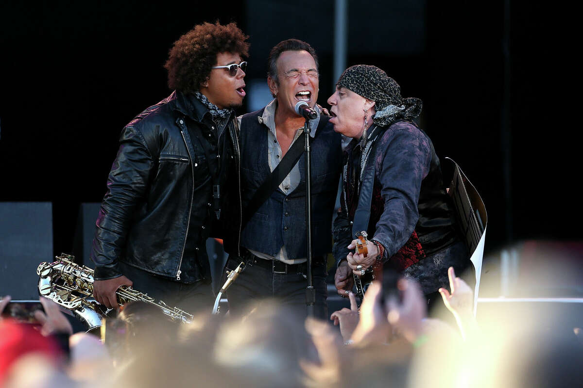 Jake Clemons (L) Bruce Springteen and Steven Van Zandt perform during their Summer 17 Tour at AMI Stadium on February 21, 2017 in Christchurch, New Zealand. 