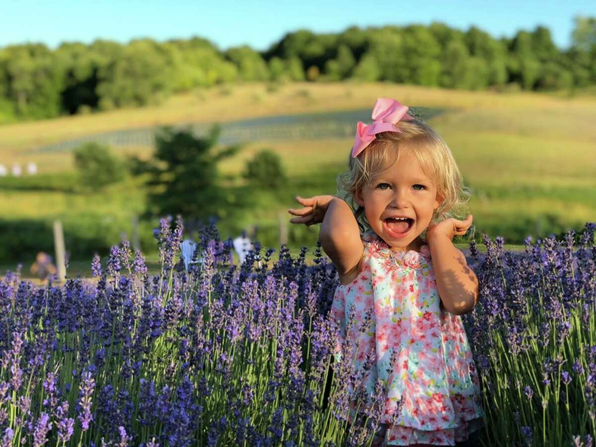 Marci Spencer poses for a photo among the lavender.