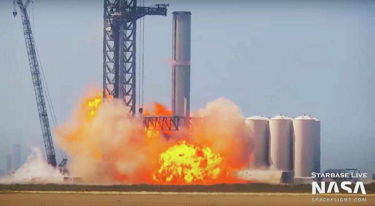 Fire engulfs Booster 7 as a SpaceX static test goes awry Monday at Starbase in Boca Chica. (Image: NASASpaceflight Starbase LIVE)