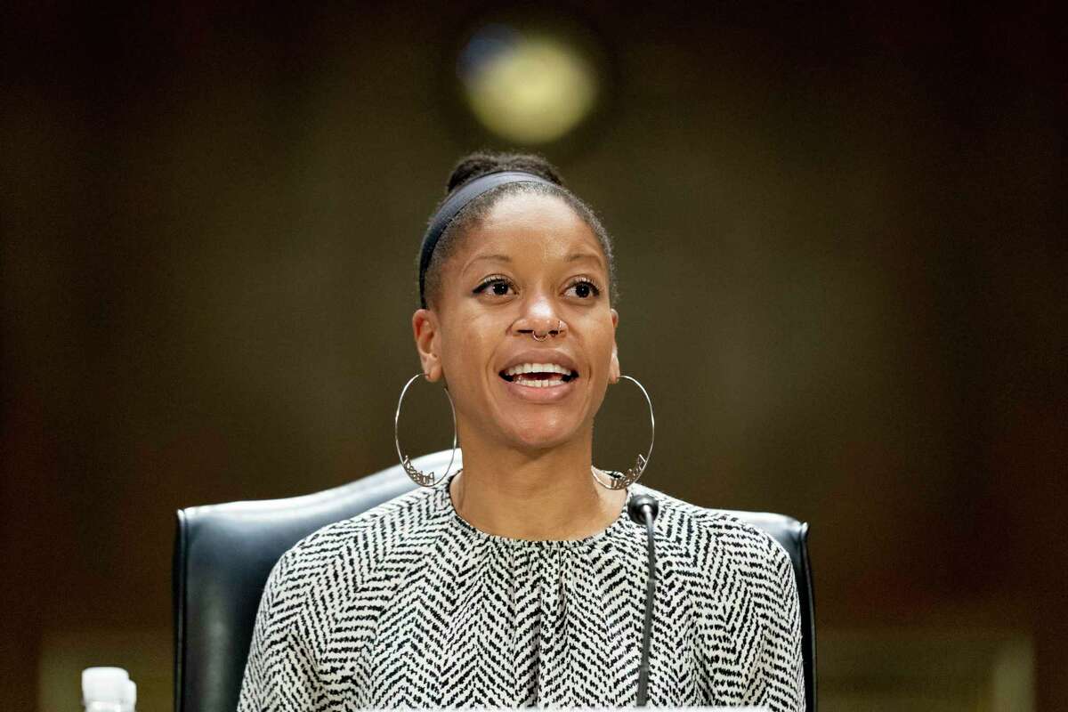 UC Berkeley School of Law Professor Khiara Bridges speaks during a Senate Judiciary Committee Hearing to examine a post-Roe America, focusing on the legal consequences of the Dobbs decision, on Capitol Hill in Washington, Tuesday, July 12, 2022.