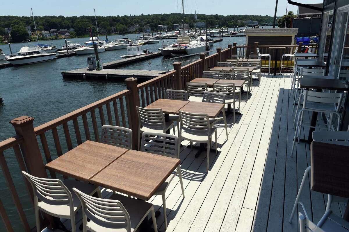 The patio of the Fair Haven Oyster Co. overlooking the Quinnipiac River in New Haven on July 12, 2022.