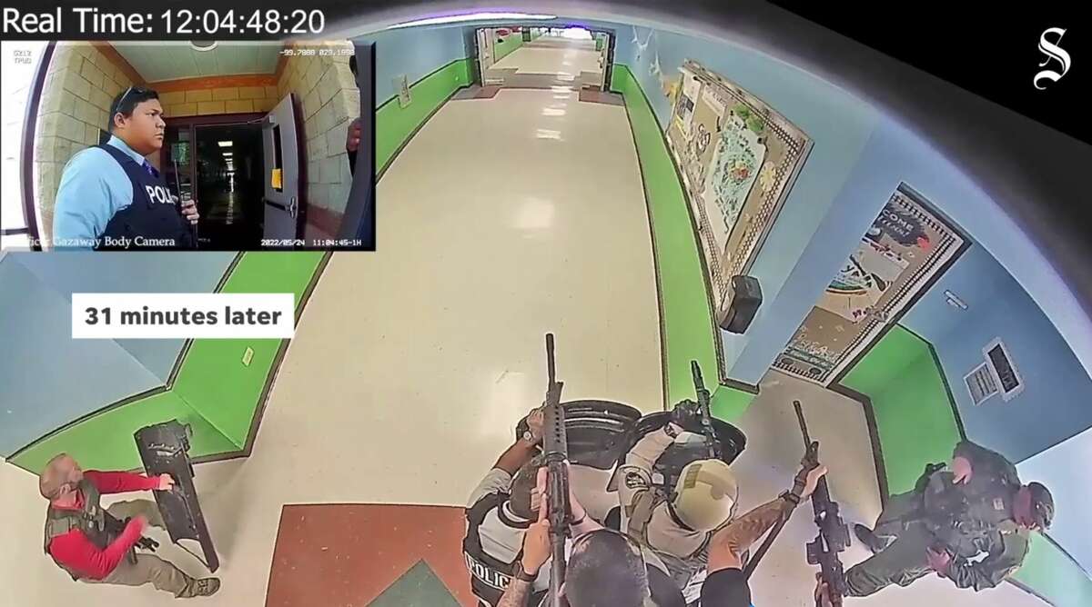 New footage of the police response to May's mass school shooting at Robb Elementary in Uvalde, Texas shows law enforcement's agonizingly slow and disjointed approach to neutralizing 18-year-old shooter Salvador Ramos.