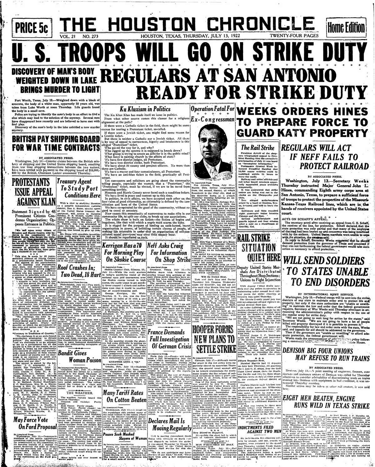 Houston Chronicle front page for July 13, 1922.