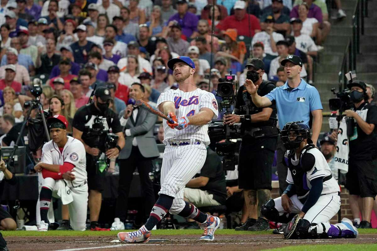 Mets first baseman Pete Alonso is shown competing in the 2021 All-Star Home Run Derby in Denver. He will try to win a third Derby in a row next week at Dodger Stadium.