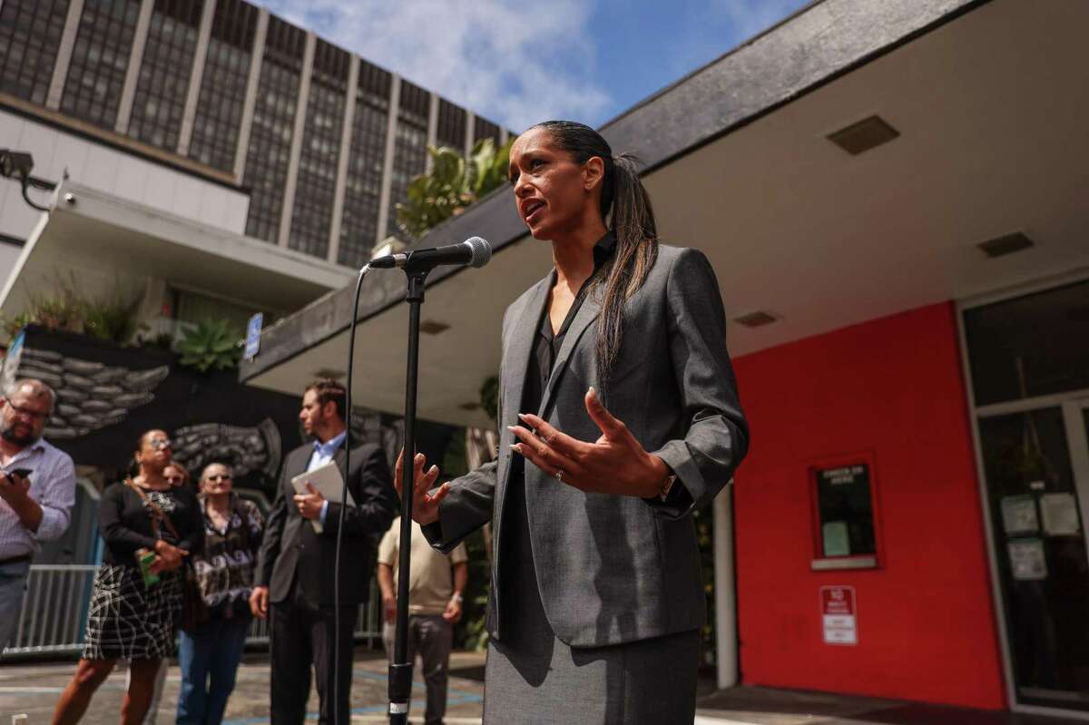 District Attorney Brooke Jenkins speaks discussed open-air drug dealing at a press conference in San Francisco, Calif., on Tuesday, July 12, 2022. Questions have been raised about money she received while working as a volunteer on the campaign to recall her predecessor, former District Attorney Chesa Boudin.