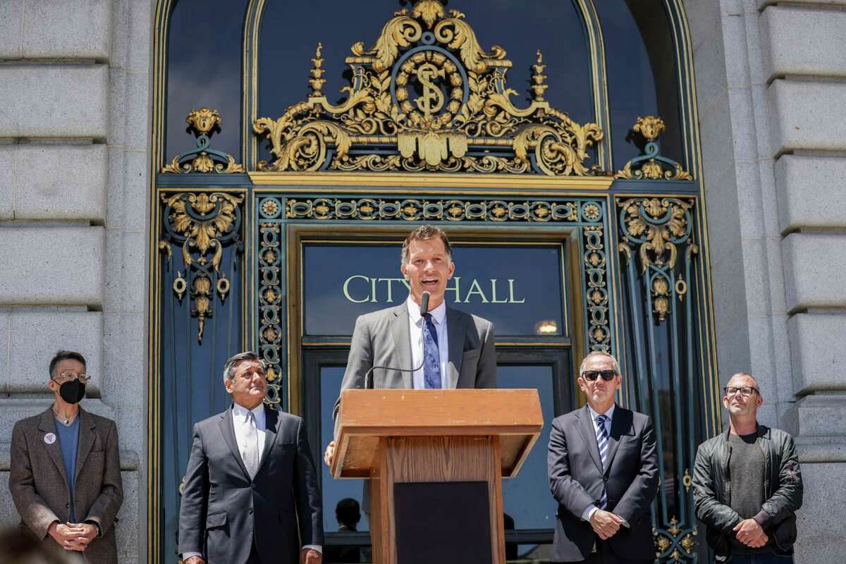 Dr. Grant Colfax, Director of Health, speaks during a press conference at City Hall in San Francisco on Tuesday, July 12, 2022. Public health officials are calling for more support from the federal government to combat monkeypox.