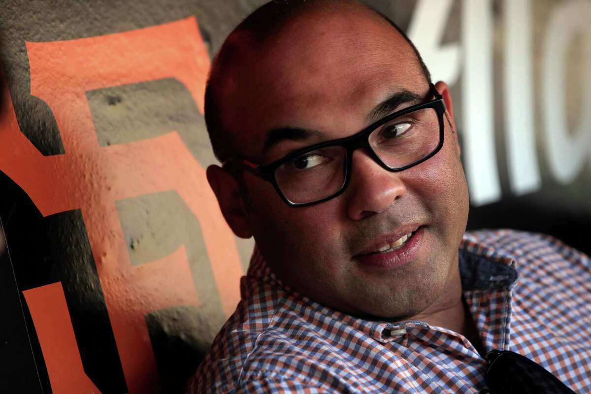 Farhan Zaidi, President of Baseball Operations for the San Francisco Giants, talks with reporters giving a mid-season evaluation of the team before the San Francisco Giants played the Arizona Diamondbacks at Oracle Park in San Francisco, CA, Calif., on Tuesday, July 12, 2022.