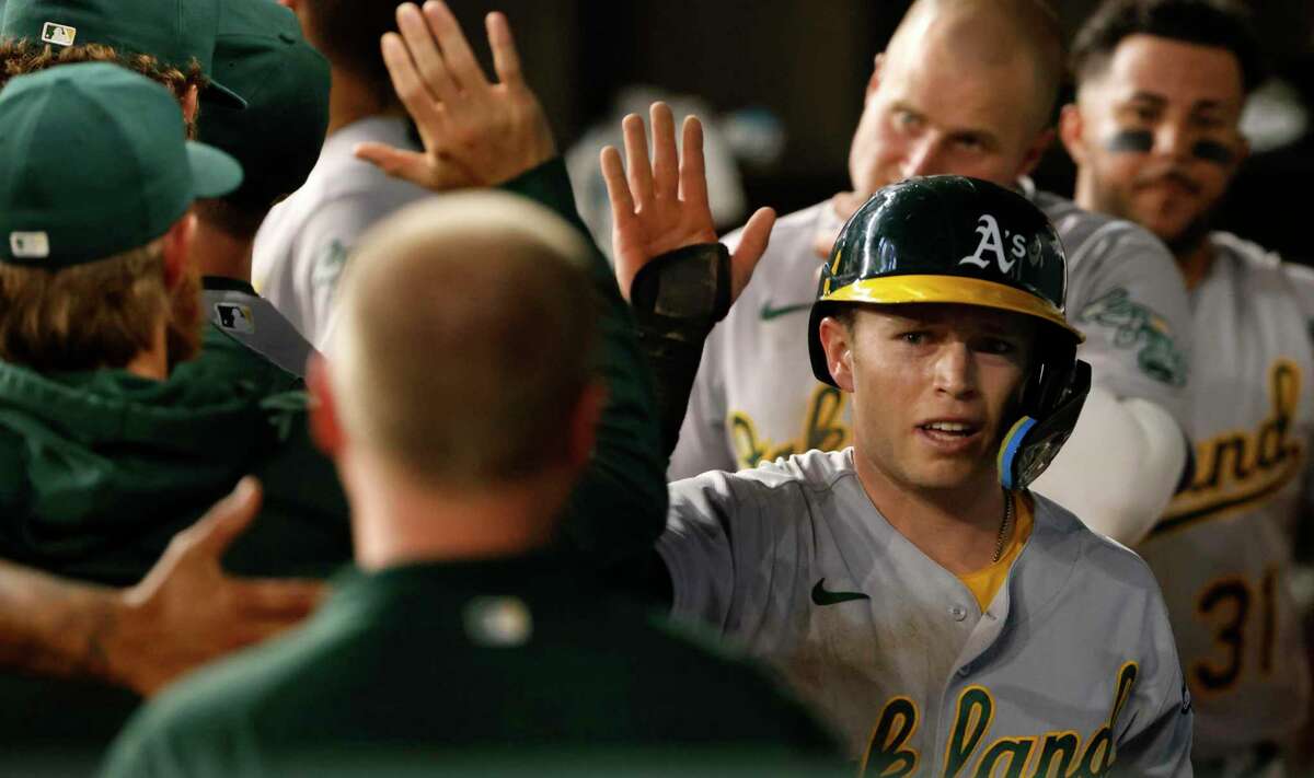 HOUSTON, TX - JULY 17: Oakland Athletics third baseman Vimael Machin (31)  watches the pitch in the top of the sixth inning during the MLB game  between the Oakland Athletics and Houston