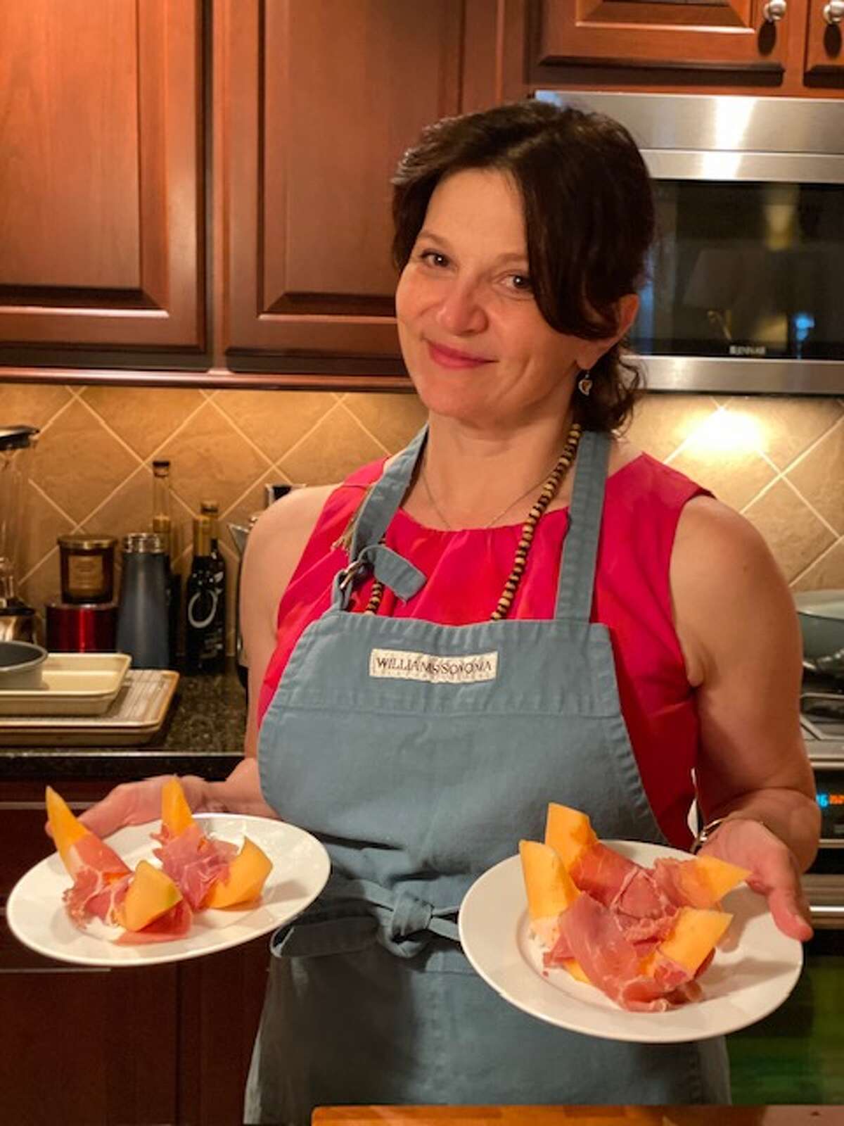 Antoinette LaVecchia in rehearsals for "Secondo" with proscuitto and melon. It is LaVecchia's second turn playing chef and author Giulia Melucci in which she will do one woman show incorporating love and humor while cooking and preparing a meal live on stage. 