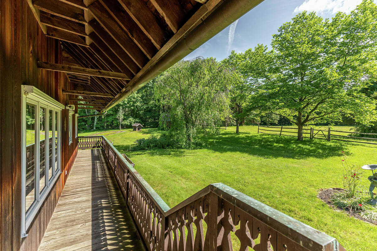 The wrap-around deck on the home on 1879 Litchfield Road in Watertown, Conn.