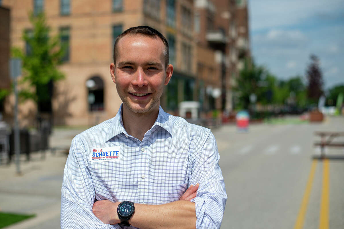 State representative candidate for the 95th District Bill G. Schuette poses on July 1, 2022 in Downtown Midland.