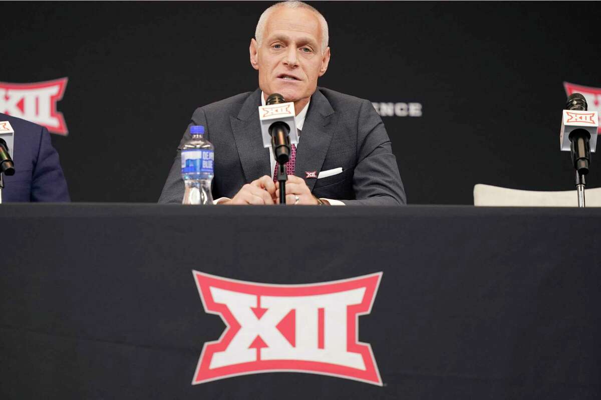 Incoming Big 12 Commissioner Brett Yormark speaks during a news conference opening the NCAA college football Big 12 media days in Arlington, Texas, Wednesday, July 13, 2022. (AP Photo/LM Otero)