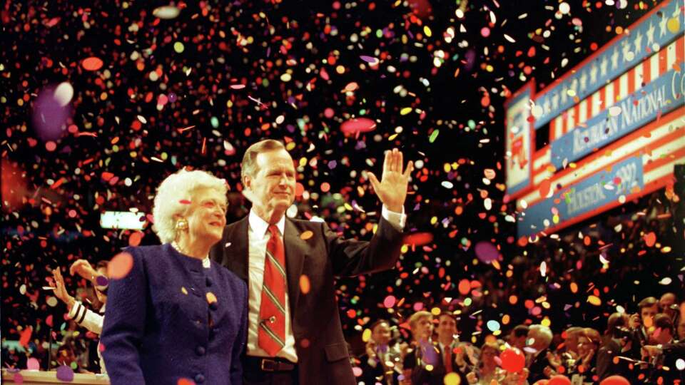 President George H.W. Bush and First Lady Barbara Bush appear at the 1992 Republican National Convention, which Houston hosted at the Astrodome. City officials are hoping Republicans will return to Houston for the 2028 convention.