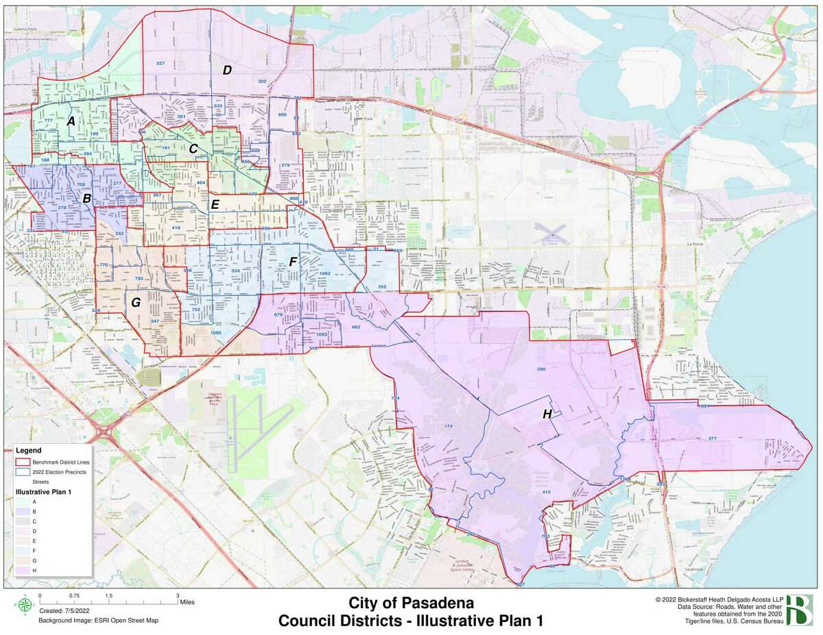 This map of a proposed plan for the city of Pasadena's eight council districts will be presented to City Council for an initial vote input on Aug. 2. The meeting will be at 6 p.m. at Pasadena City Hall, 1149 Ellsworth. This map shows the proposed boundaries for Pasadena City Council seats. Current boundaries are outlined in red.